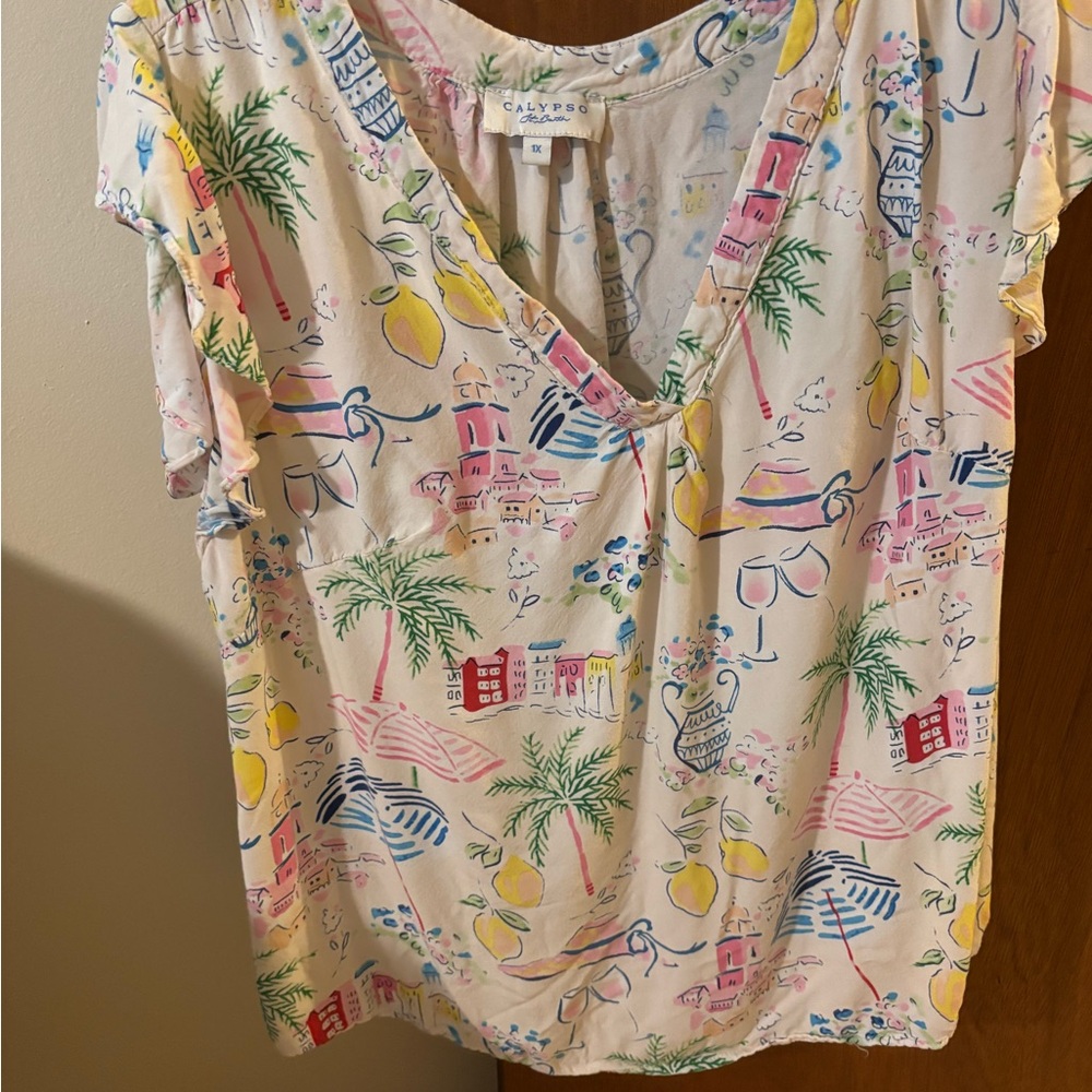 Calypso St. Barth Women's Tropical Print Blouse - Cream and Multicolor Size 1X